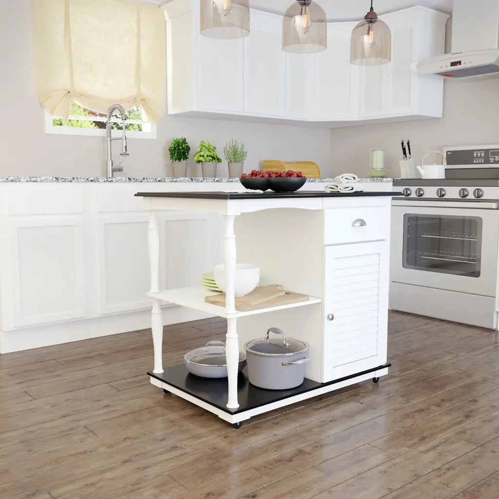 Black and White and Black 39" Rolling Kitchen Island With Storage Homeroots Kitchen & Dining