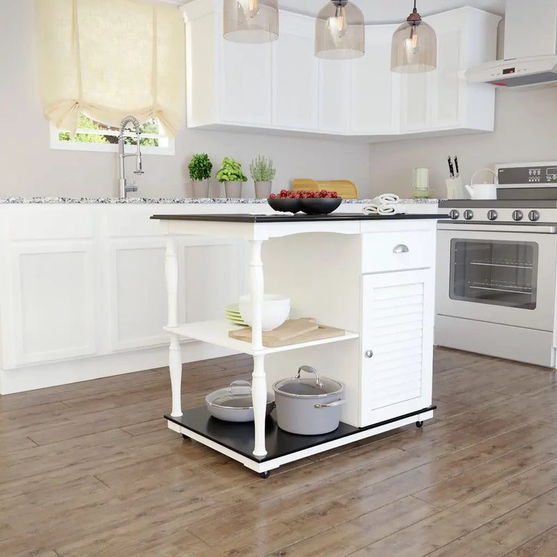Black and White and Black 39" Rolling Kitchen Island With Storage Homeroots Kitchen & Dining