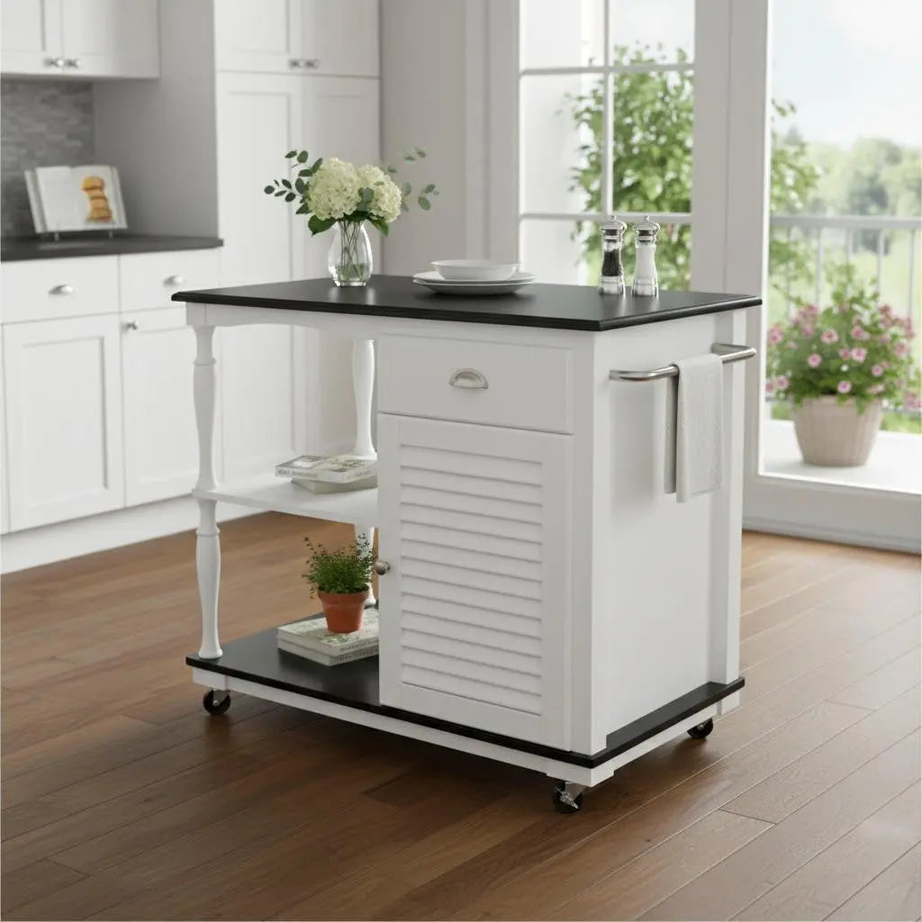Black and White and Black 39" Rolling Kitchen Island With Storage Homeroots Kitchen & Dining