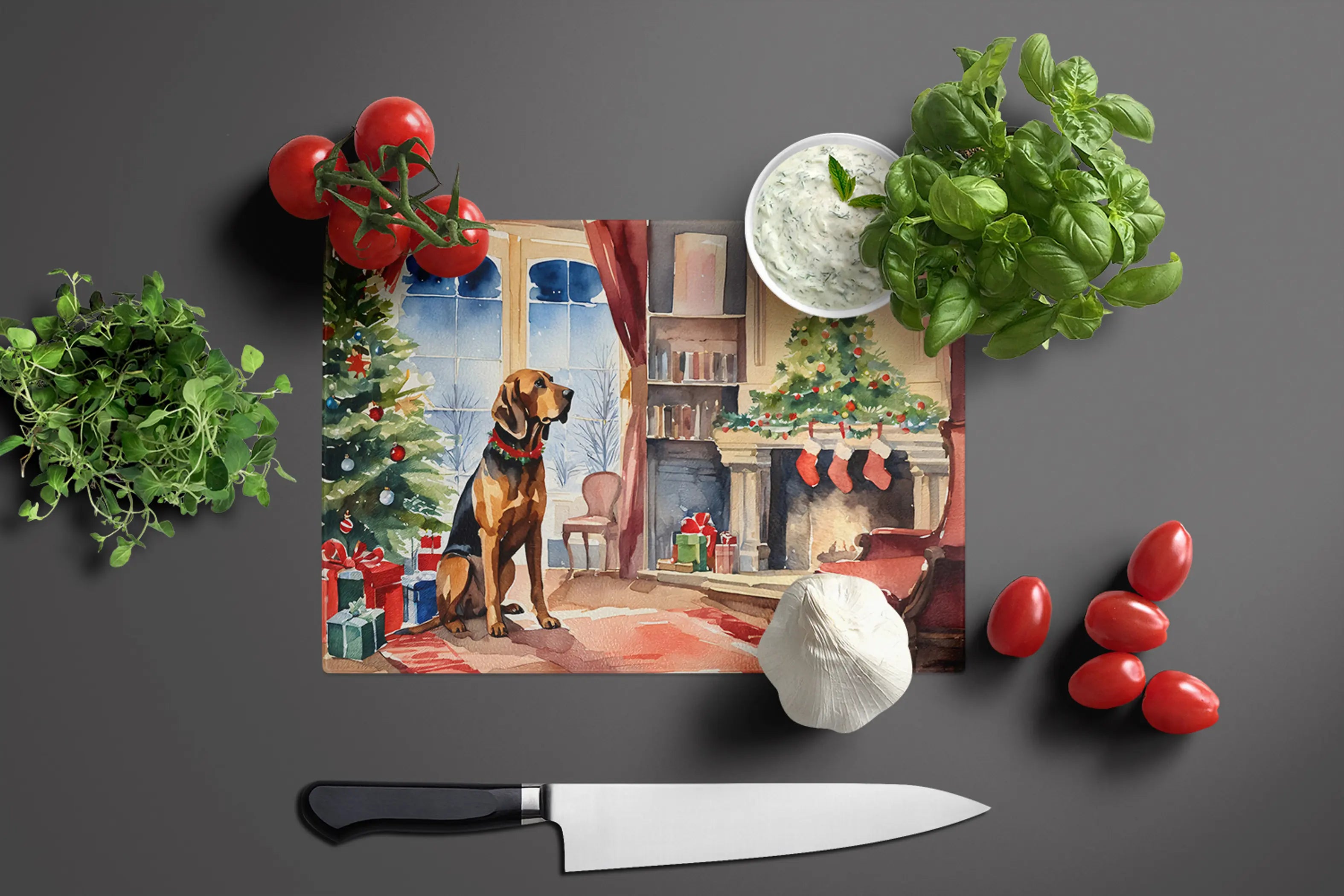 Bloodhound Cozy Christmas Glass Cutting Board Caroline's Treasures