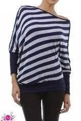 Blue Asymmetric Off Shoulder Striped Sweater With Button Detail Along Sleeve SurelyMine