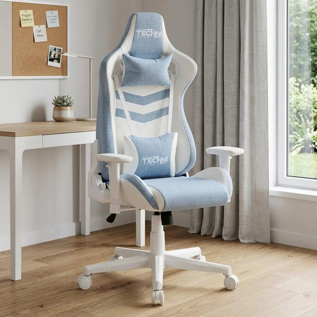 Blue and White Adjustable Height Swivel Rolling Gaming Chair Homeroots Office