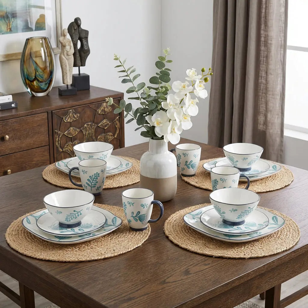 Blue and White Sixteen Piece Round Floral Ceramic Service For Four Dinnerware Set Homeroots Kitchen & Dining
