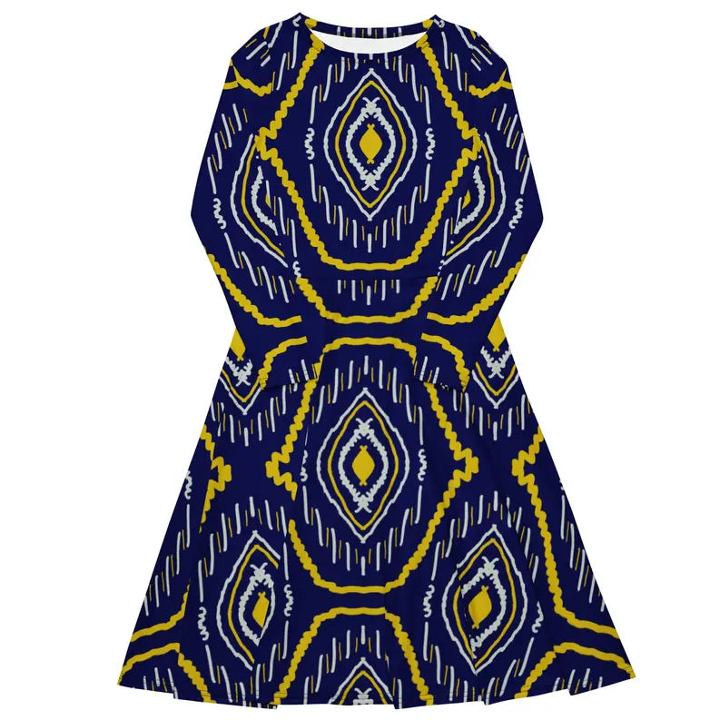 Blue and Yellow African Print Long Sleeve Midi Dress Adirelounge