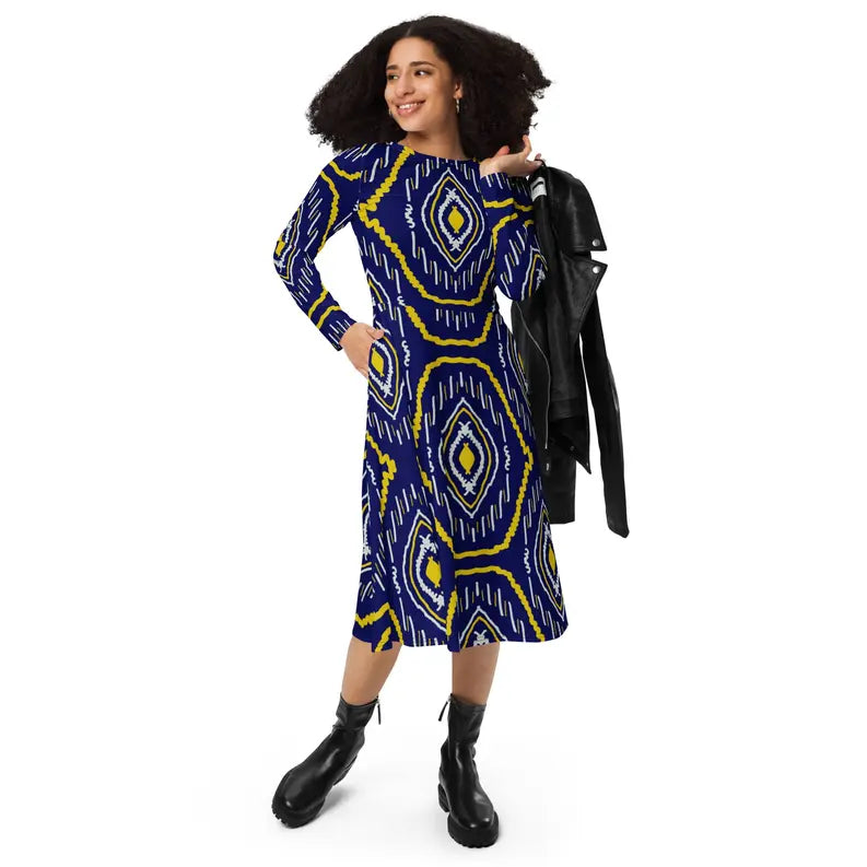 Blue and Yellow African Print Long Sleeve Midi Dress Adirelounge