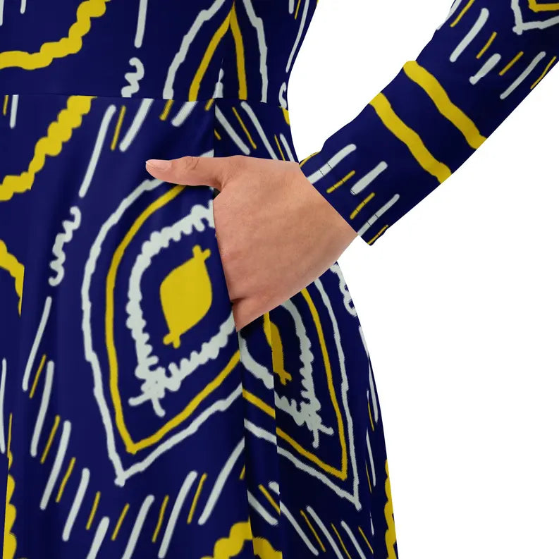 Blue and Yellow African Print Long Sleeve Midi Dress Adirelounge