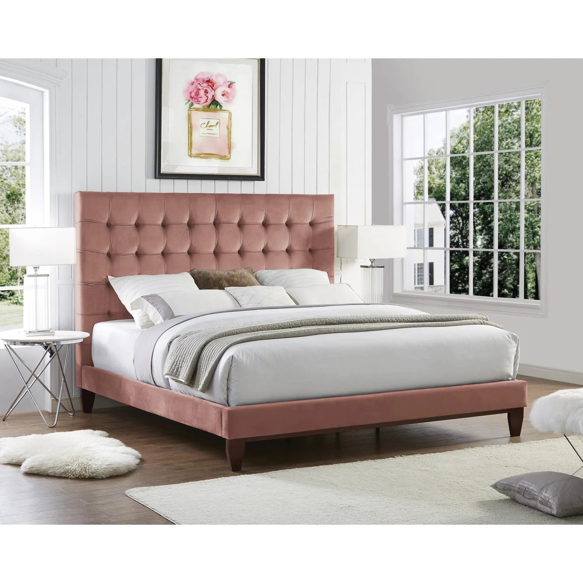 Blush Solid Wood Queen Tufted Upholstered Velvet Bed Homeroots Bed & Bath