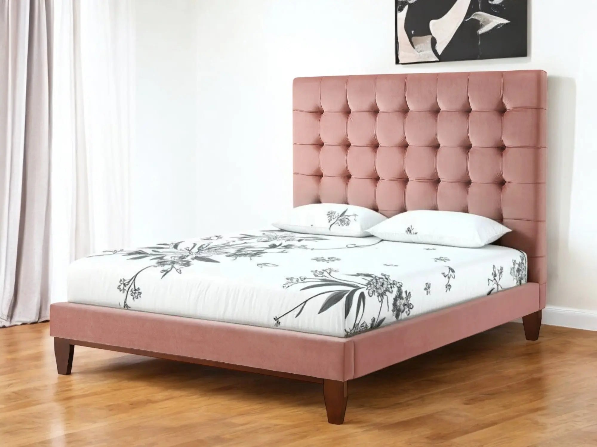 Blush Solid Wood Queen Tufted Upholstered Velvet Bed Homeroots Bed & Bath