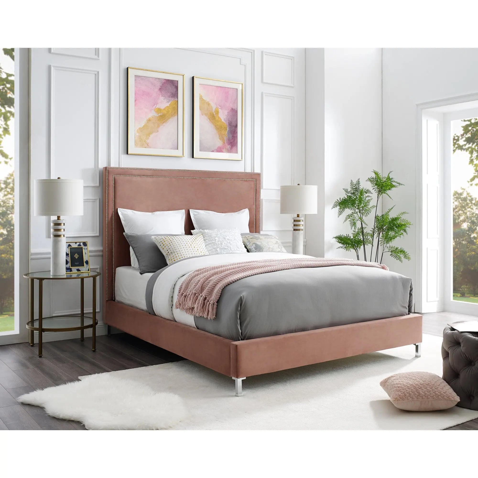 Blush Solid Wood Queen Upholstered Velvet Bed with Nailhead Trim Homeroots Bed & Bath