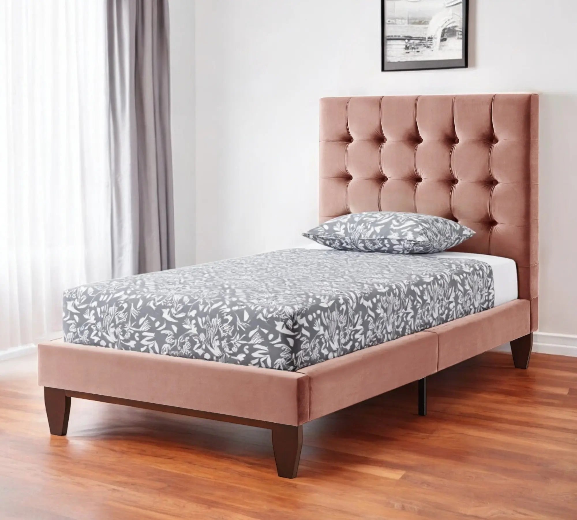 Blush Solid Wood Twin Tufted Upholstered Velvet Bed Homeroots Bed & Bath
