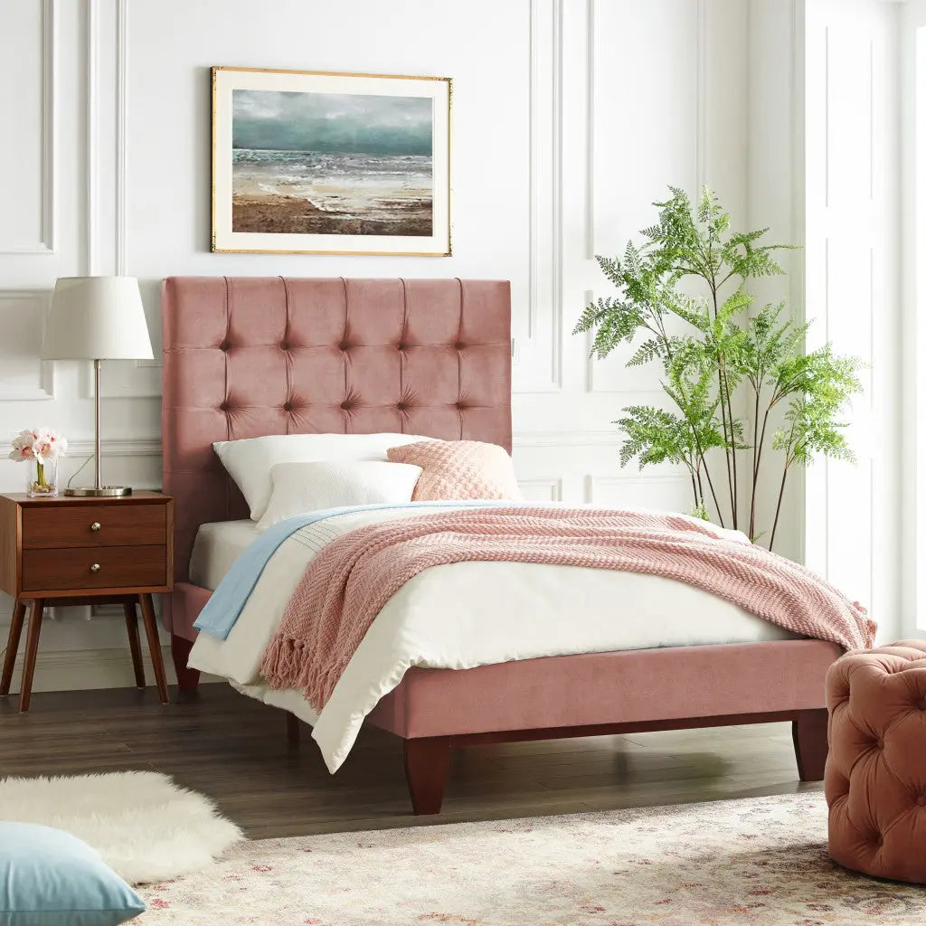 Blush Solid Wood Twin Tufted Upholstered Velvet Bed Homeroots Bed & Bath