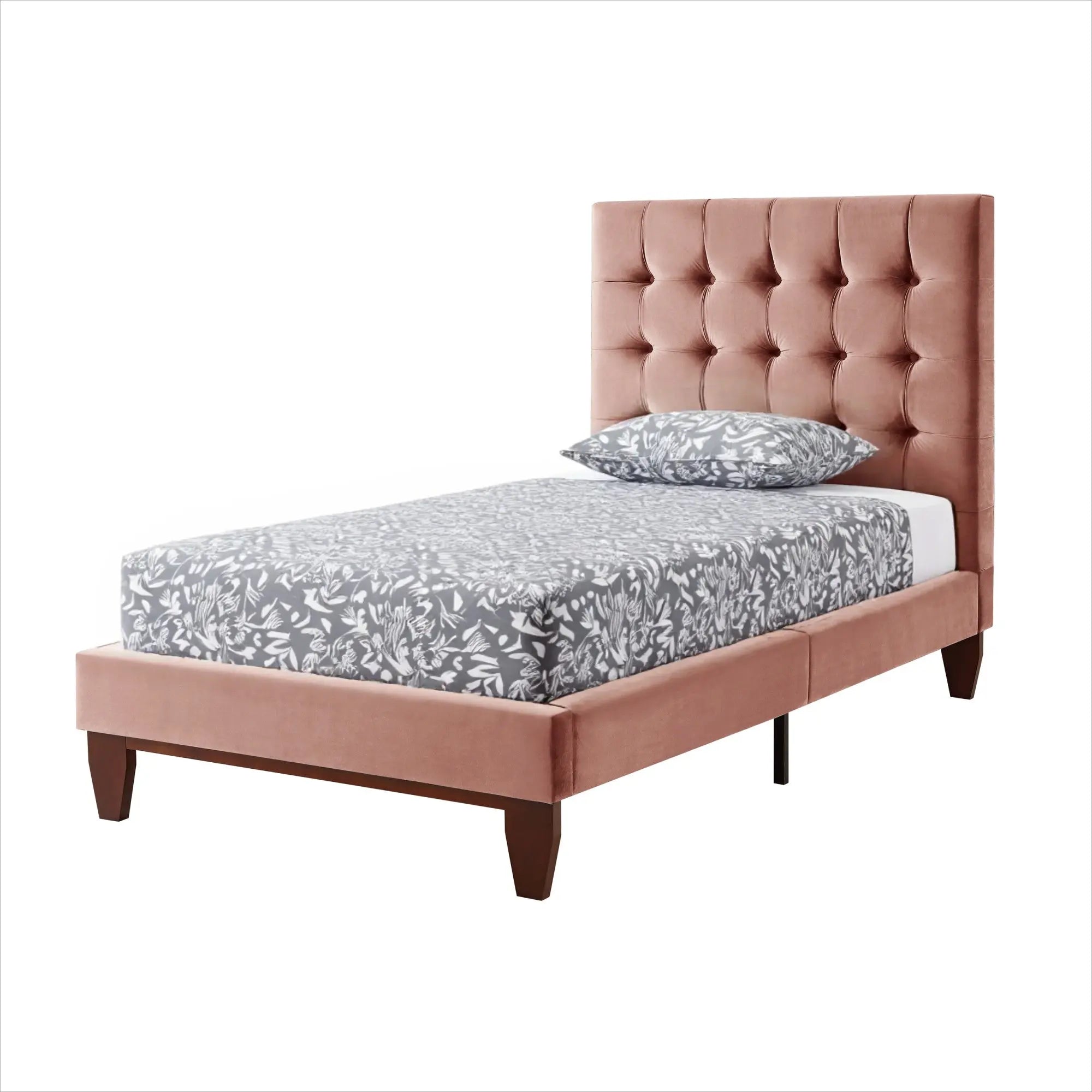 Blush Solid Wood Twin Tufted Upholstered Velvet Bed Homeroots Bed & Bath