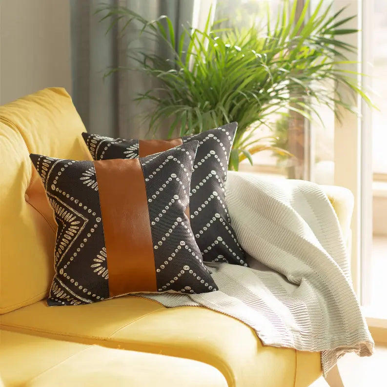Bohemian Vegan Faux Leather Throw Pillow Covers Set MIKE & Co. NEW YORK