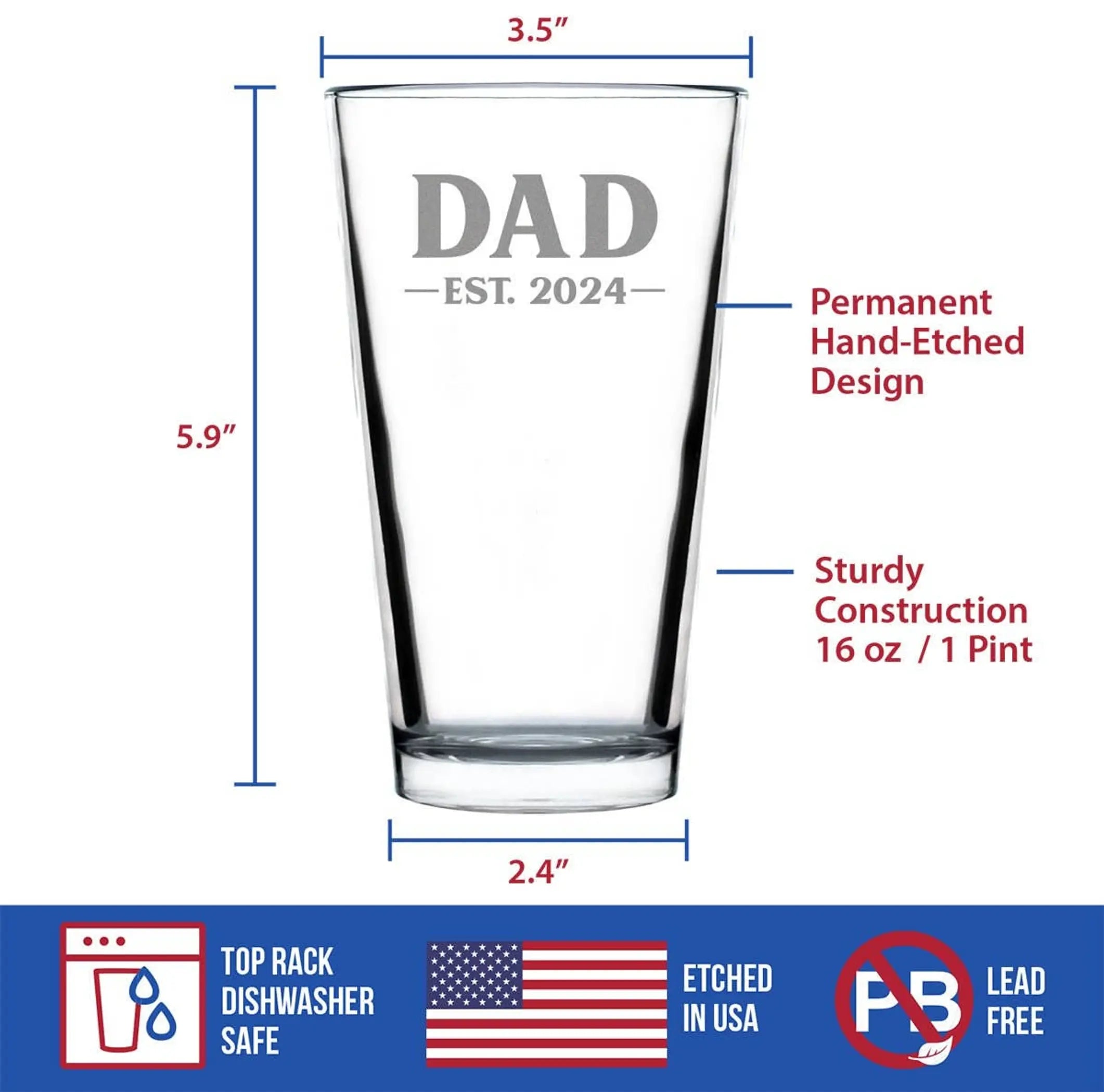 Bold 2024 Dad Pint Glass for Beer - New Dad Gifts and Decor Bevvee