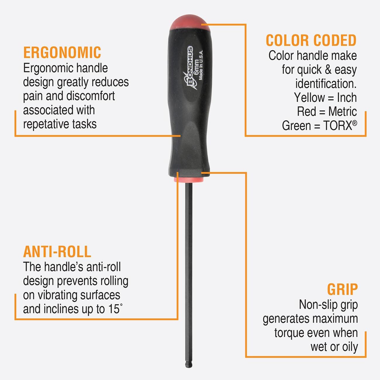 Bondhus Balldriver Metric Hex Ball End Screwdrivers 1.5mm To 10mm (9 Piece) BONDHUS