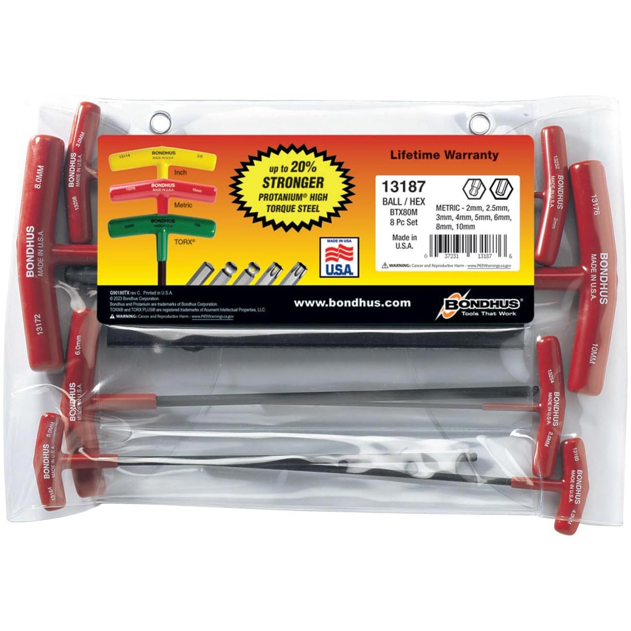 Bondhus Balldriver Metric Hex Ball End T-handle Wrenches 2mm To 10mm (8 Piece) BONDHUS