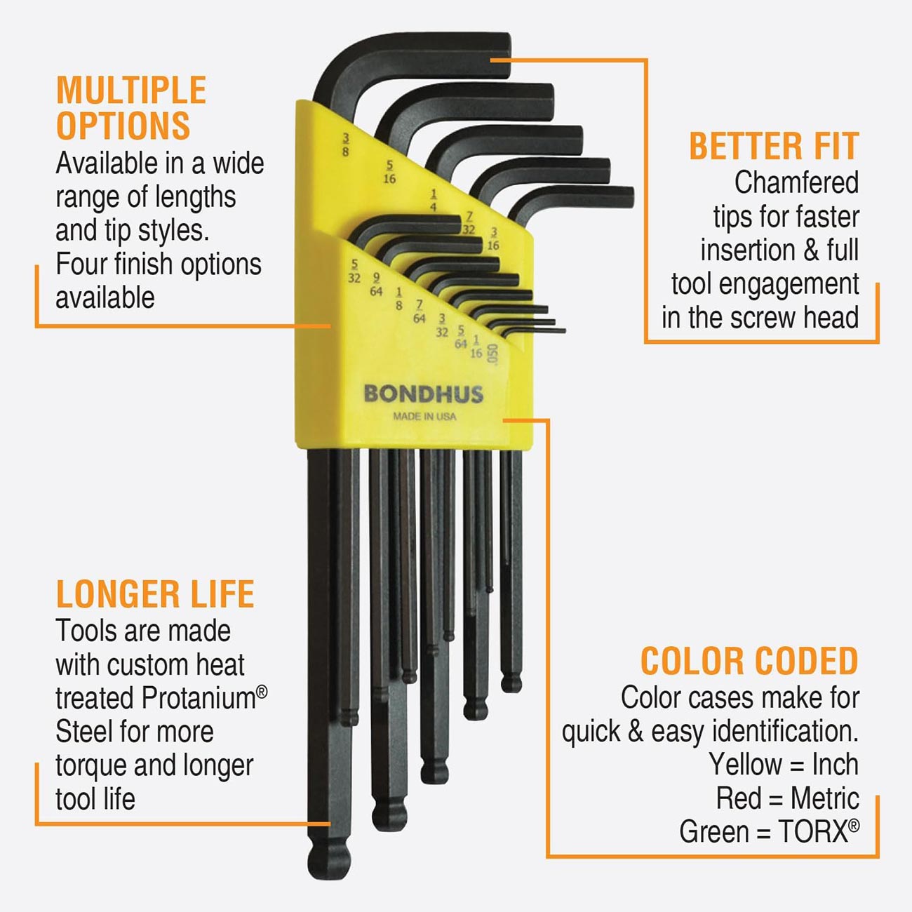 Bondhus Balldriver Sae Ball End Hex Long L-key Wrenches .050" To 3/8" (13 Piece) BONDHUS