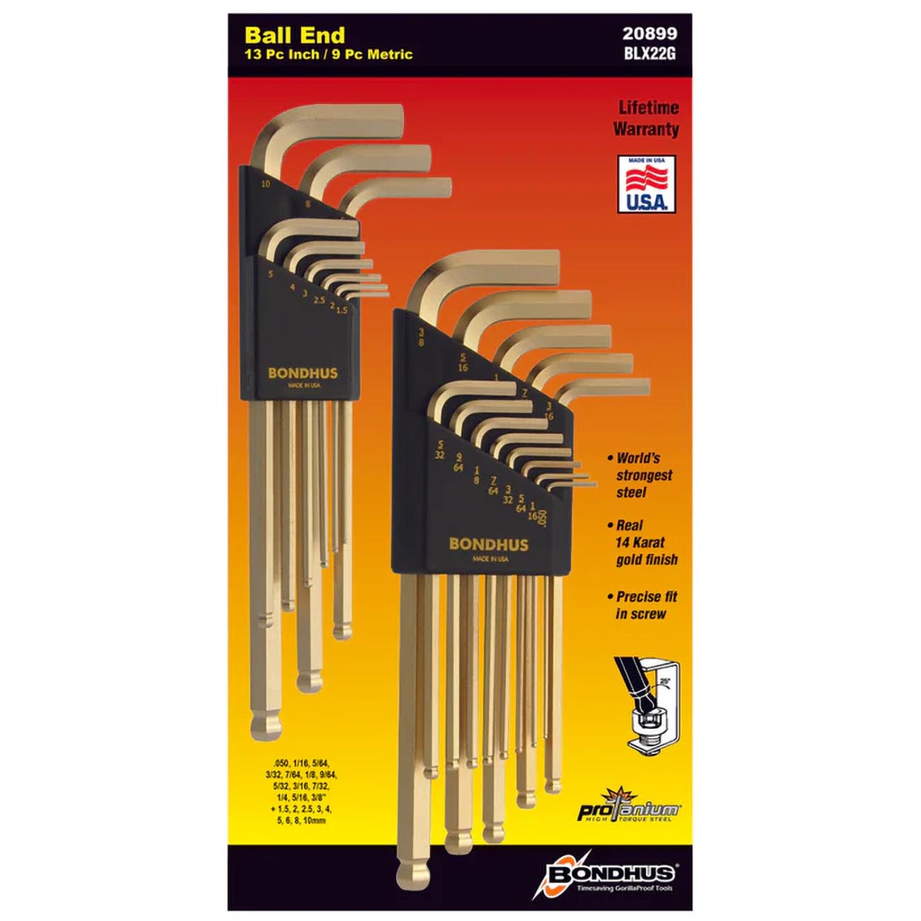 Bondhus Goldguard Plated Balldriver Metric/sae Ball End Hex L-keys Double Set (22 Piece) BONDHUS