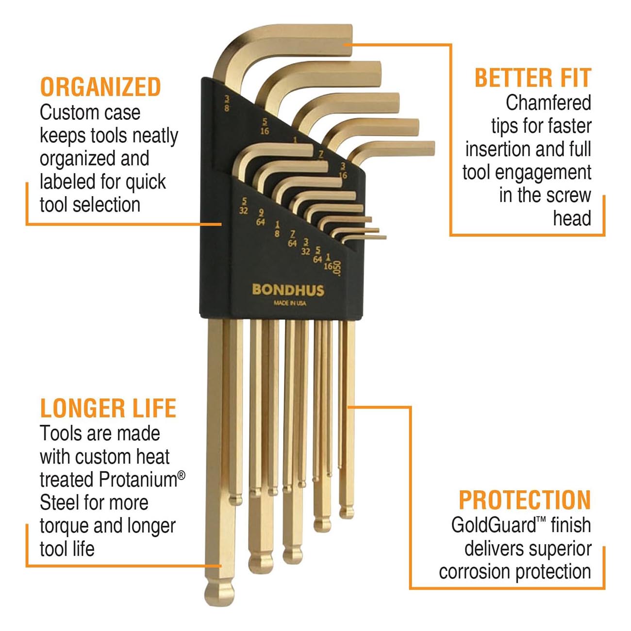 Bondhus Goldguard Plated Balldriver Metric/sae Ball End Hex L-keys Double Set (22 Piece) BONDHUS