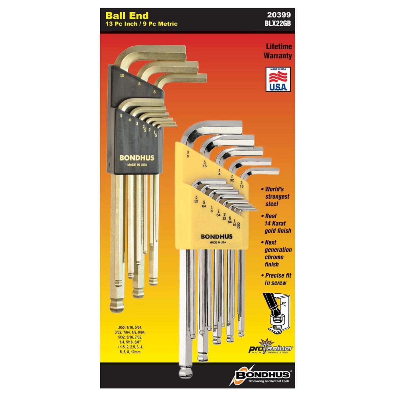 Bondhus Plated Balldriver Metric/sae Ball End Hex L-keys Double Set (22 Piece) BONDHUS