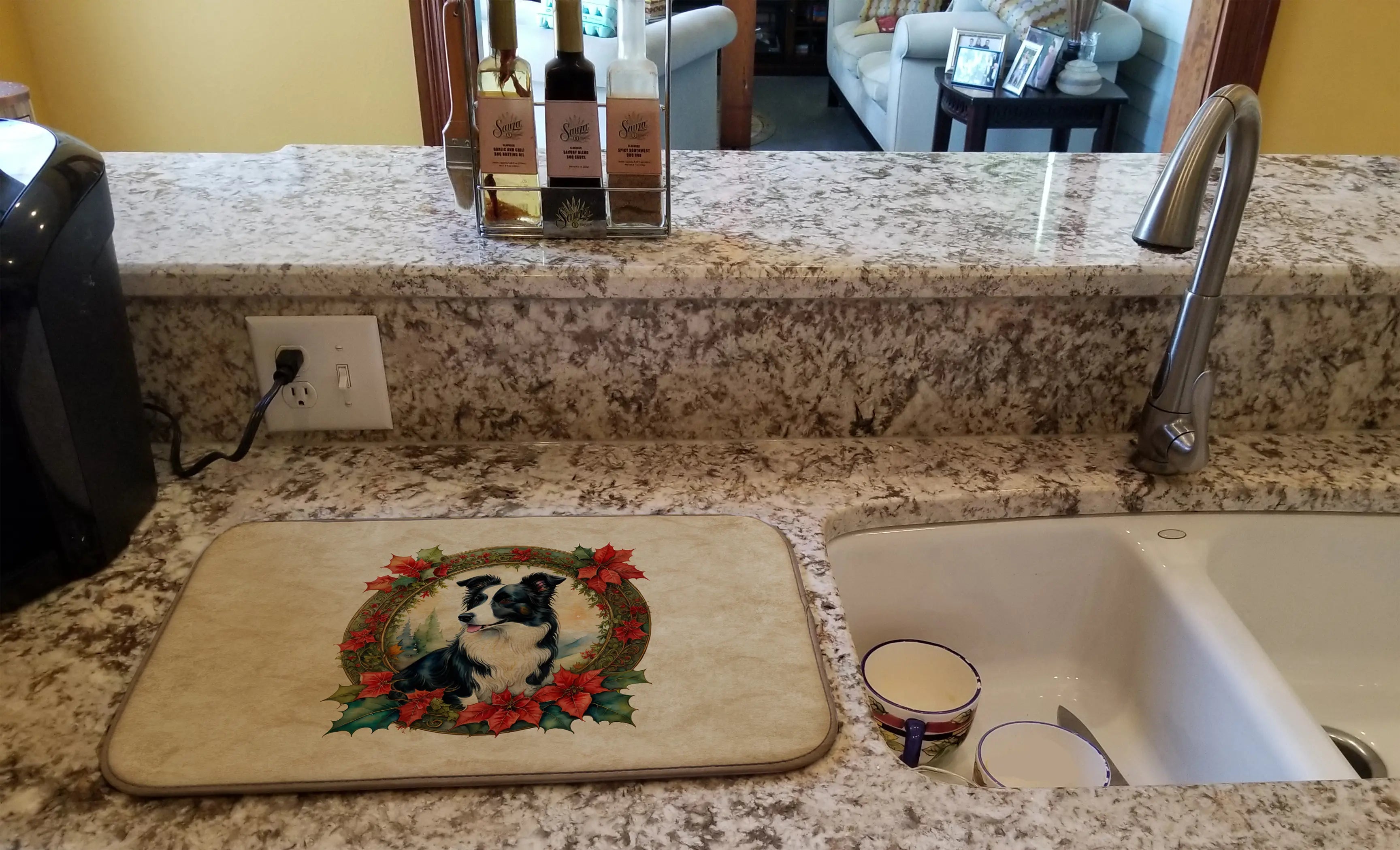 Border Collie Christmas Flowers Dish Drying Mat Caroline's Treasures