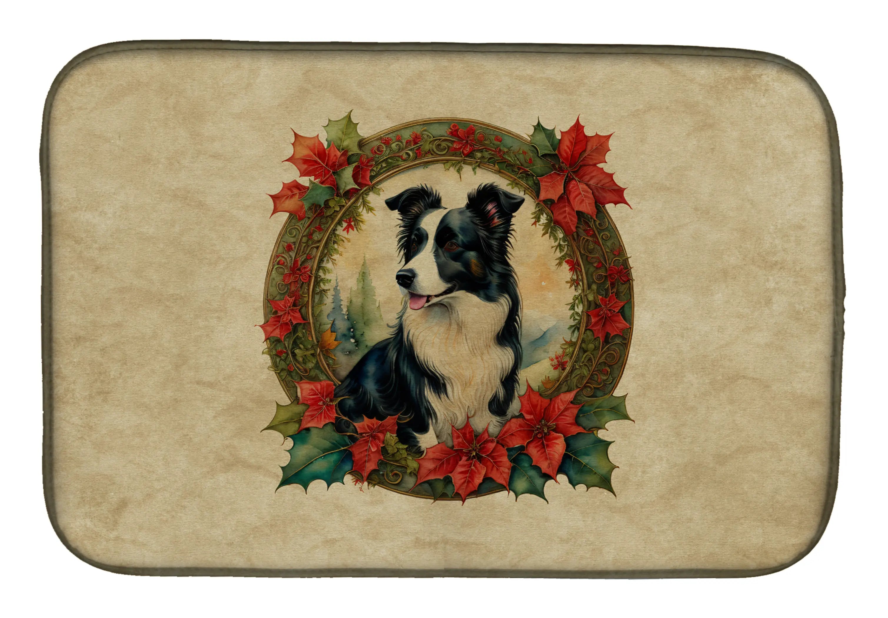 Border Collie Christmas Flowers Dish Drying Mat Caroline's Treasures