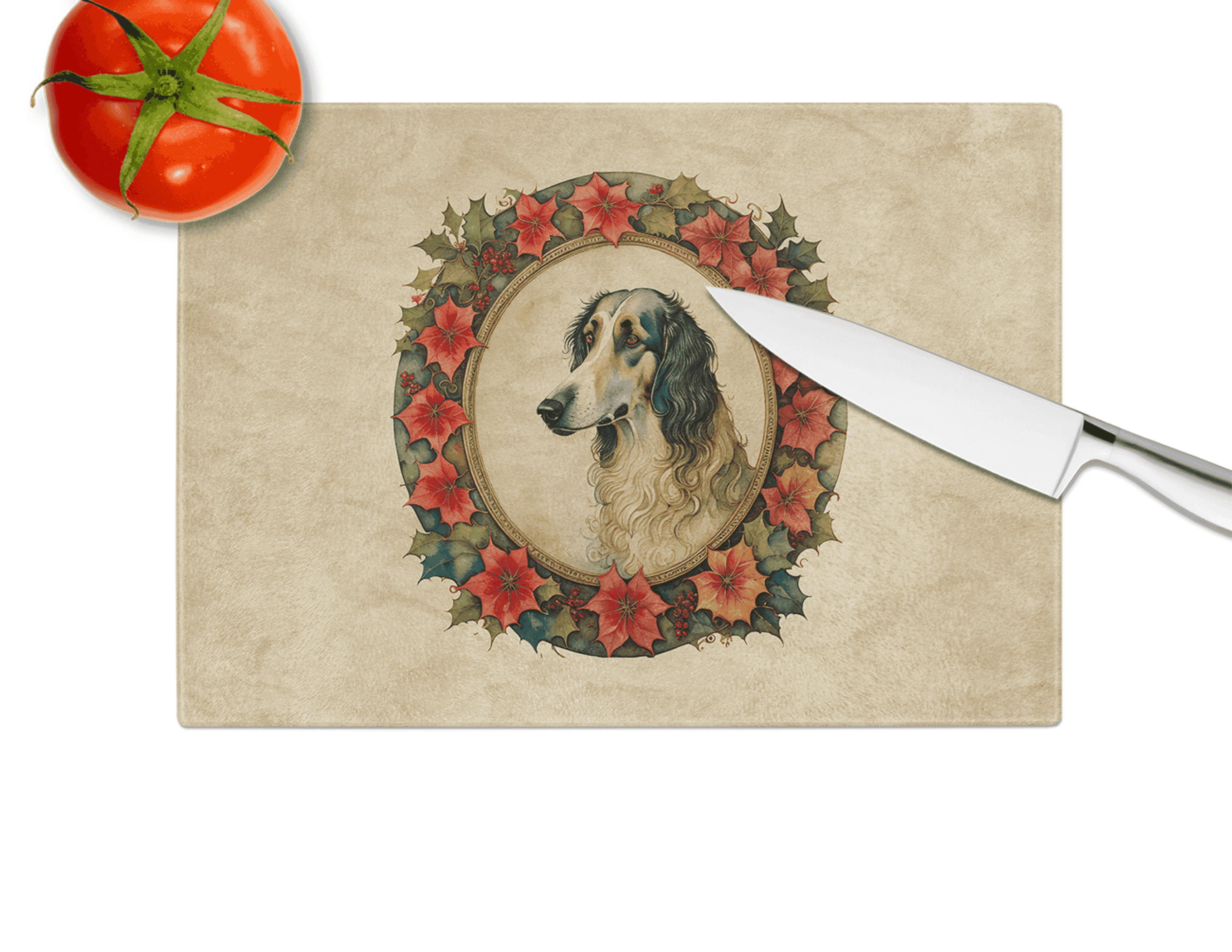 Borzoi Christmas Flowers Glass Cutting Board Caroline's Treasures