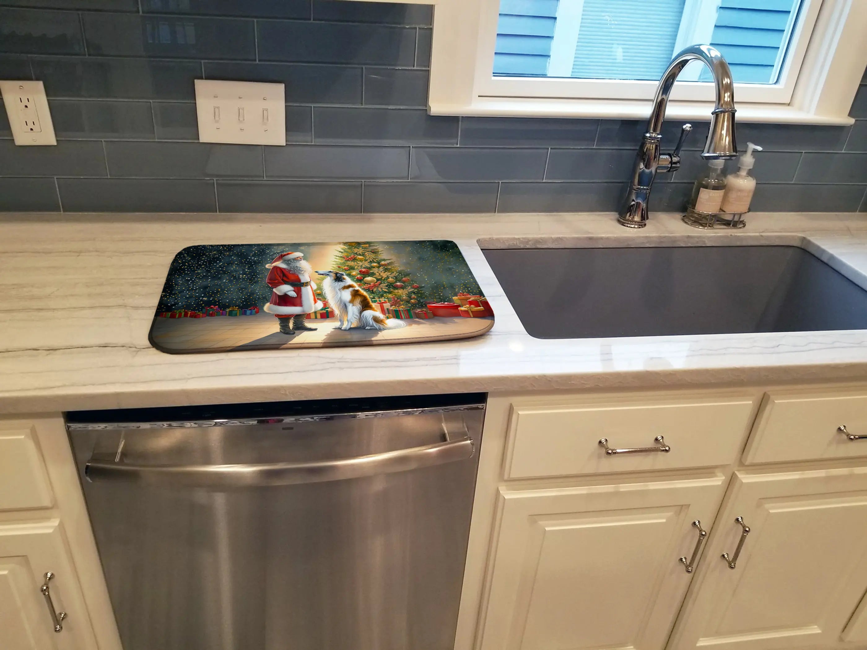 Borzoi and Santa Claus Dish Drying Mat Caroline's Treasures