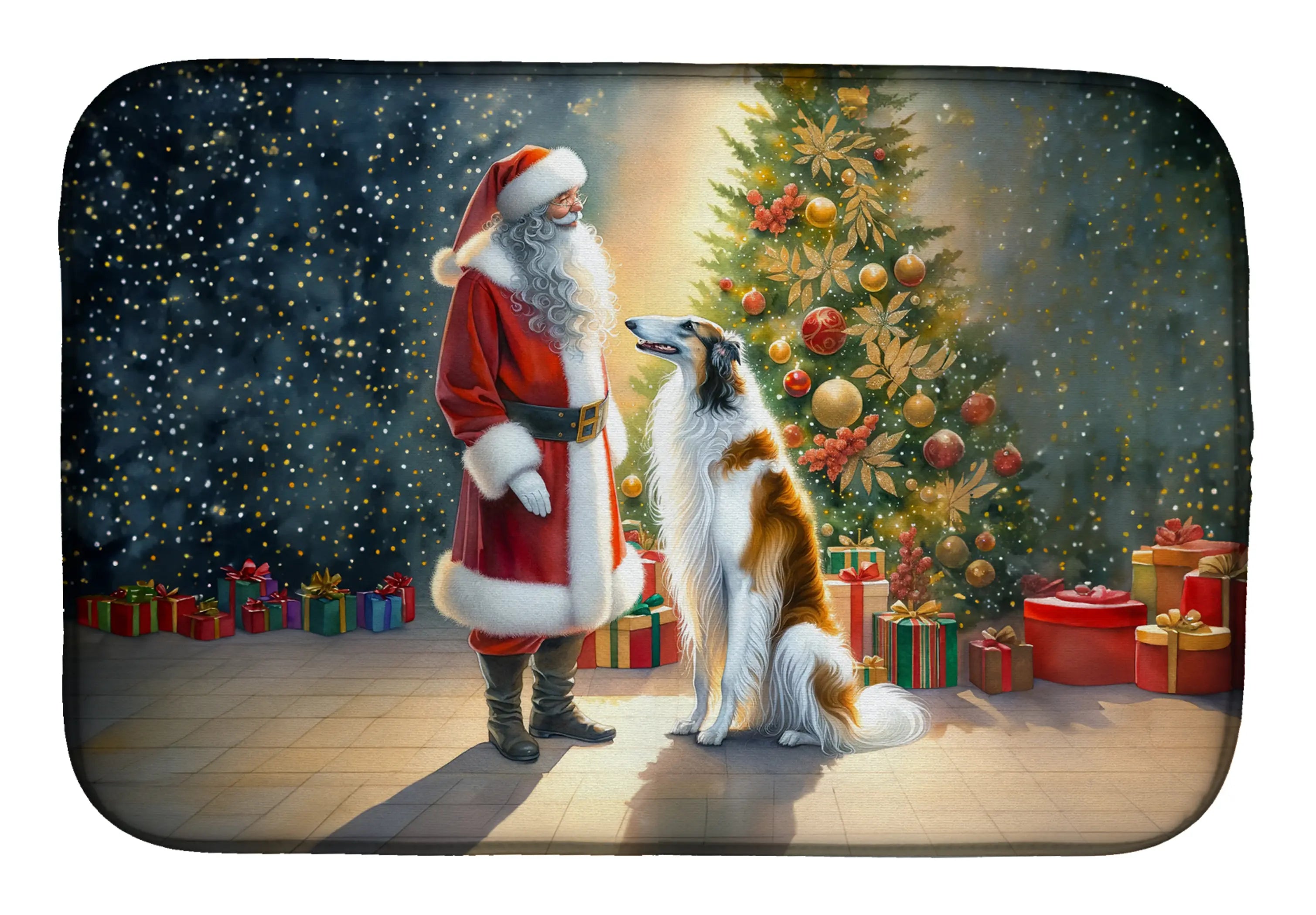 Borzoi and Santa Claus Dish Drying Mat Caroline's Treasures