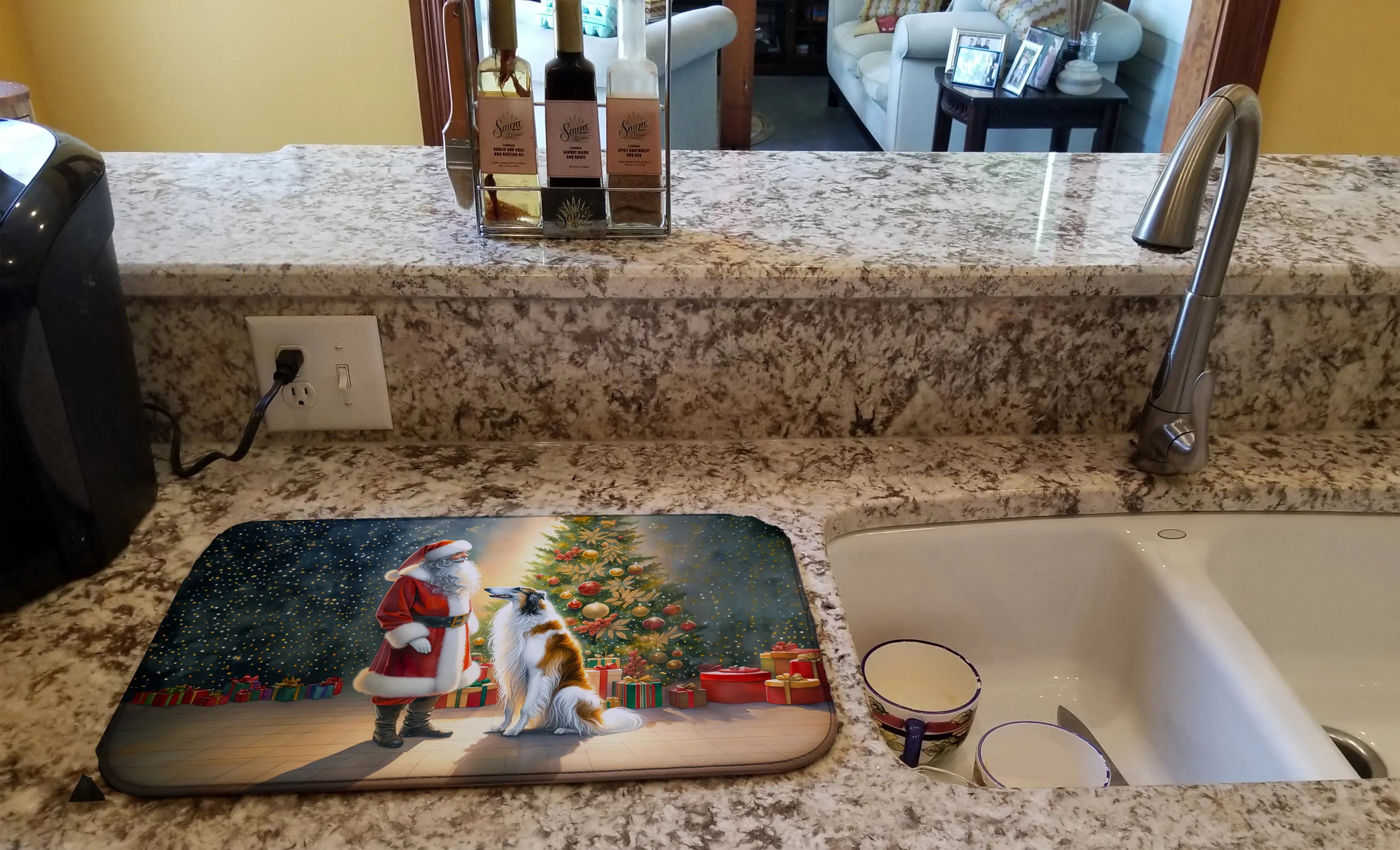 Borzoi and Santa Claus Dish Drying Mat Caroline's Treasures