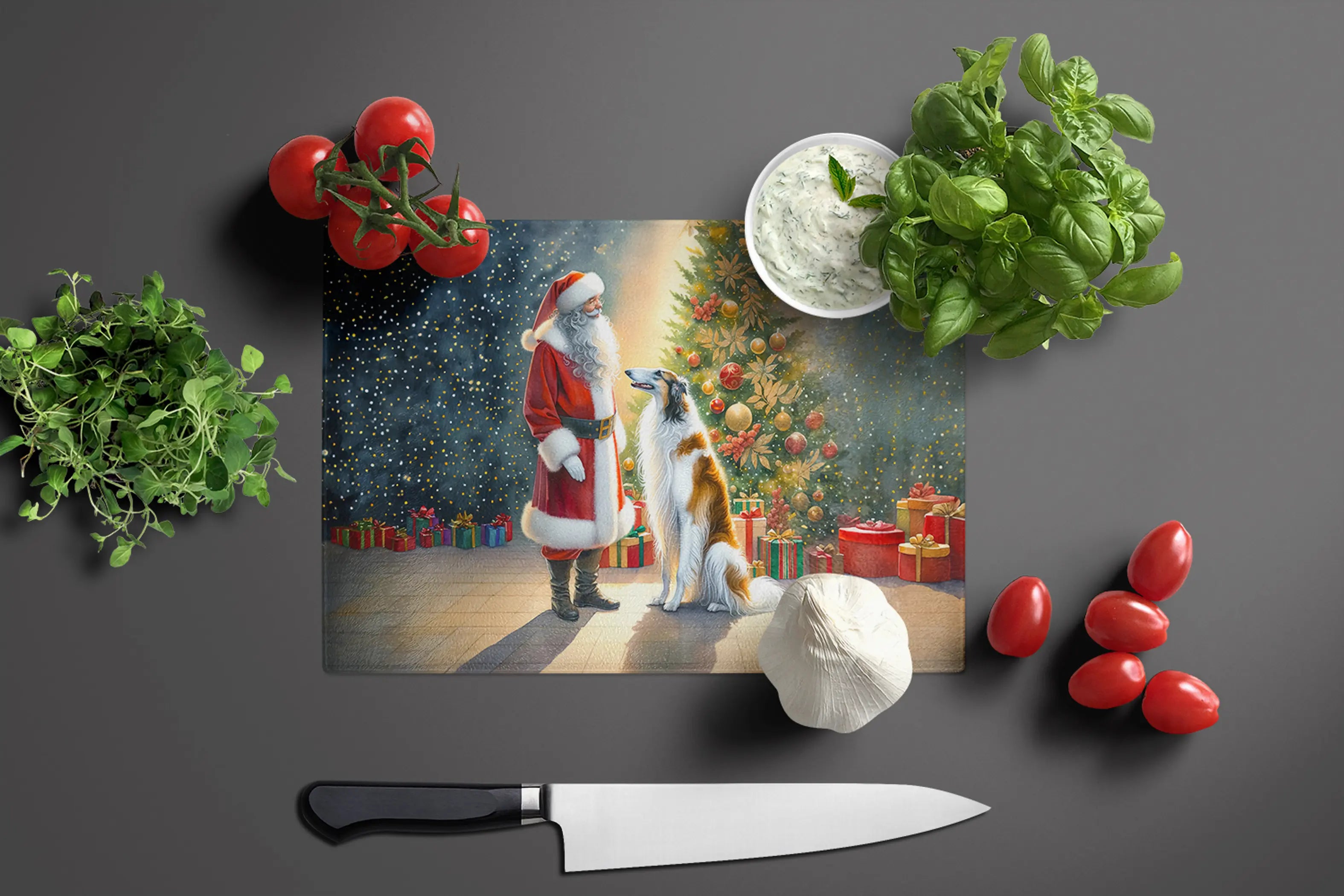 Borzoi and Santa Claus Glass Cutting Board Caroline's Treasures
