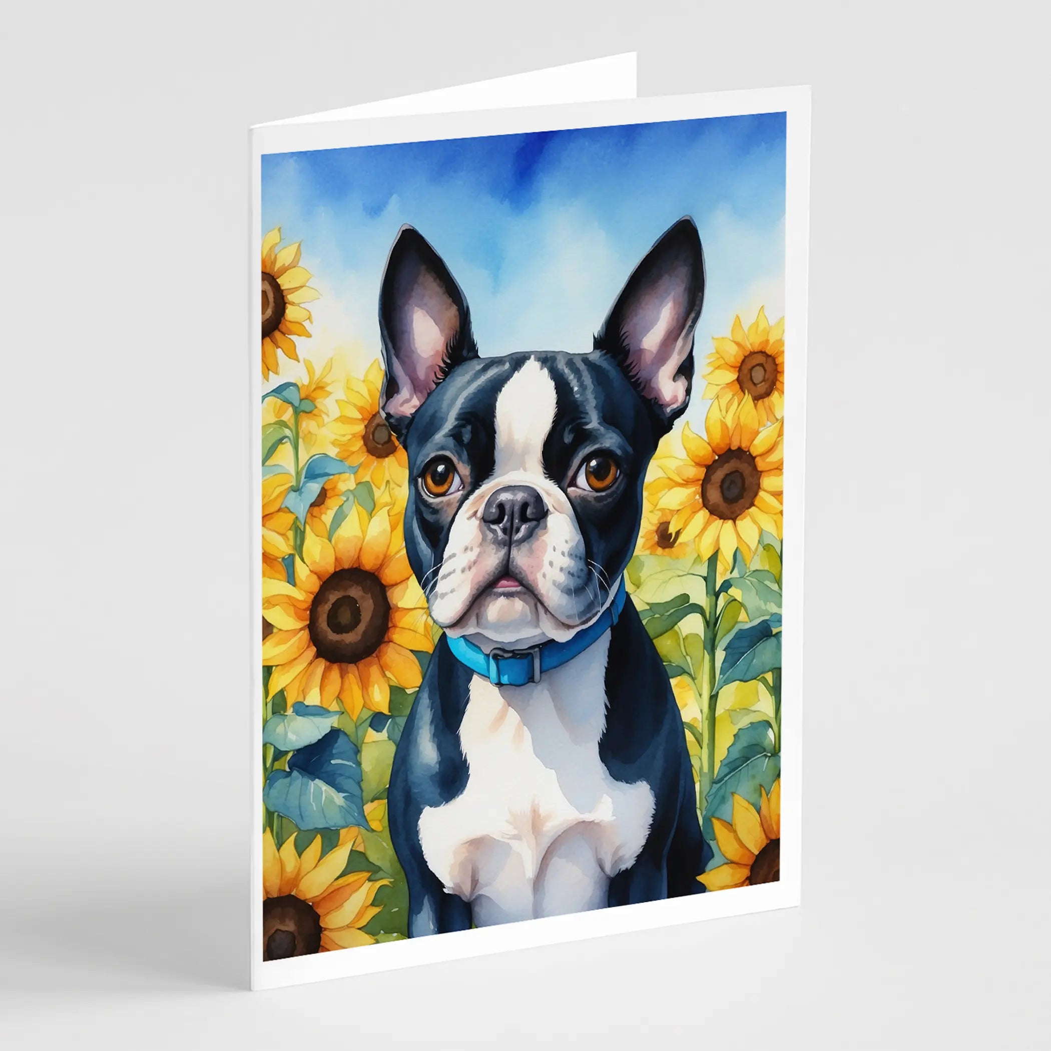 Boston Terrier in Sunflowers Greeting Cards Pack of 8 Caroline's Treasures