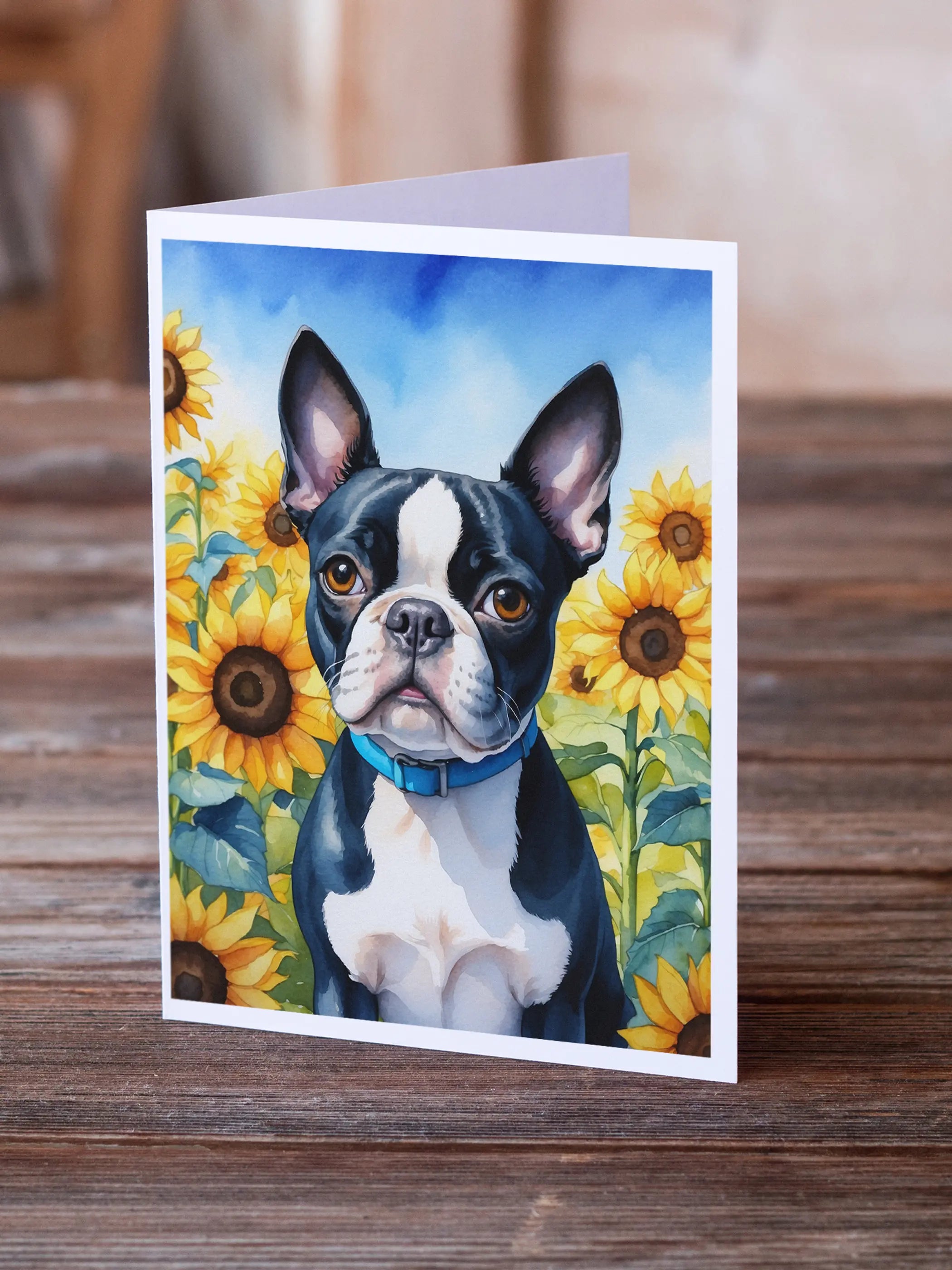 Boston Terrier in Sunflowers Greeting Cards Pack of 8 Caroline's Treasures
