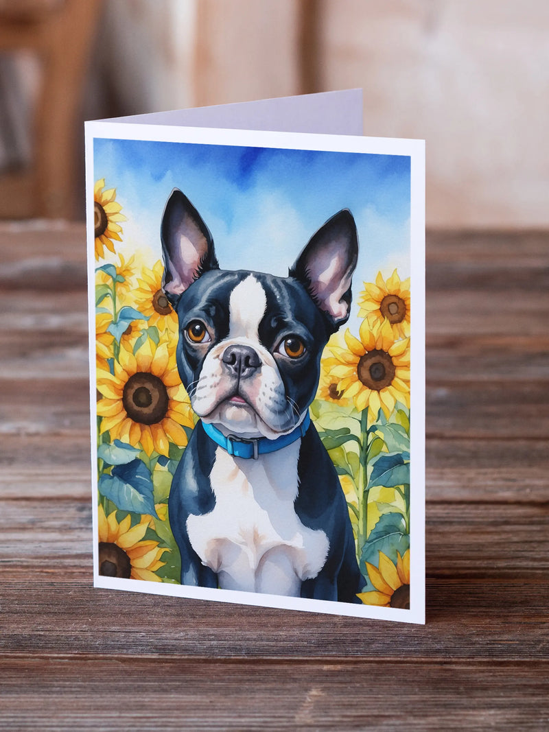 Boston Terrier in Sunflowers Greeting Cards Pack of 8 Caroline's Treasures