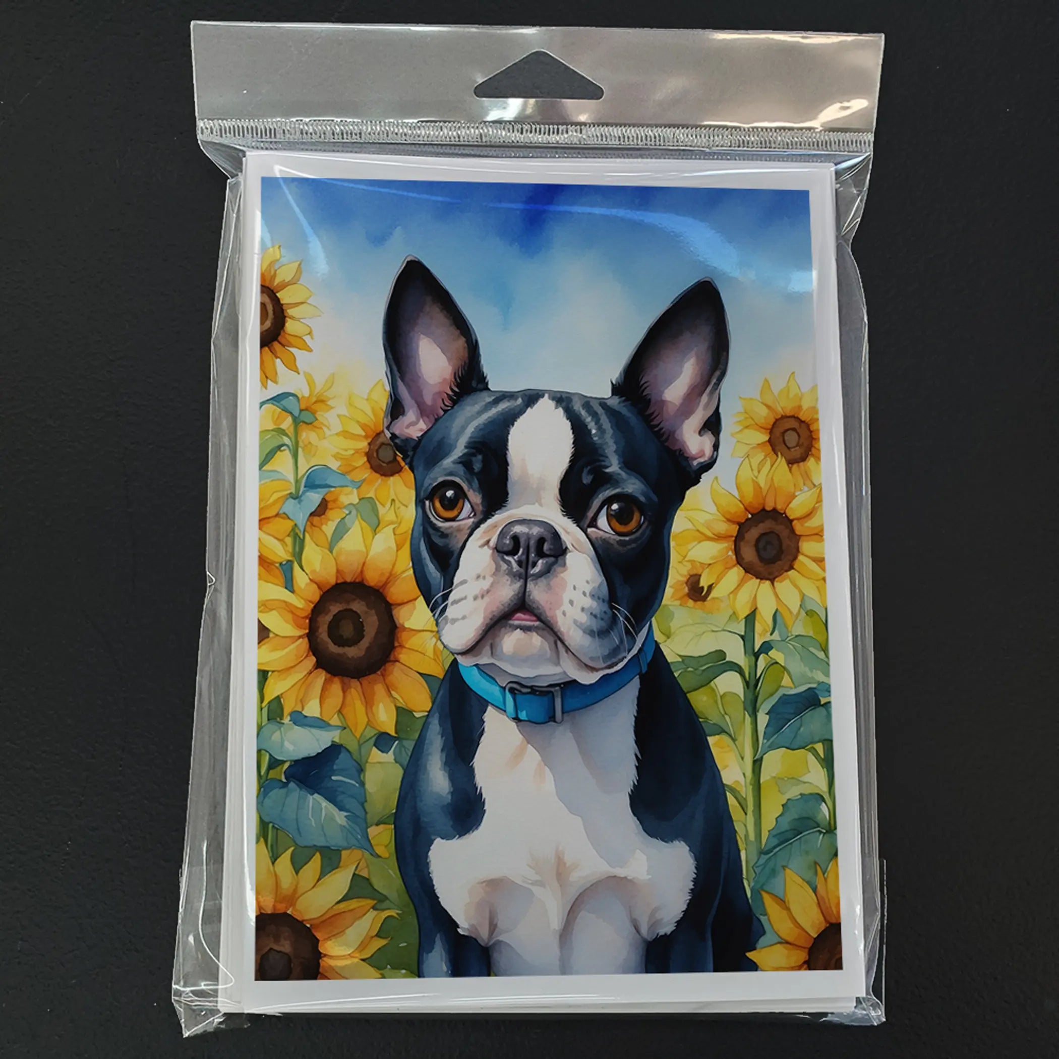 Boston Terrier in Sunflowers Greeting Cards Pack of 8 Caroline's Treasures