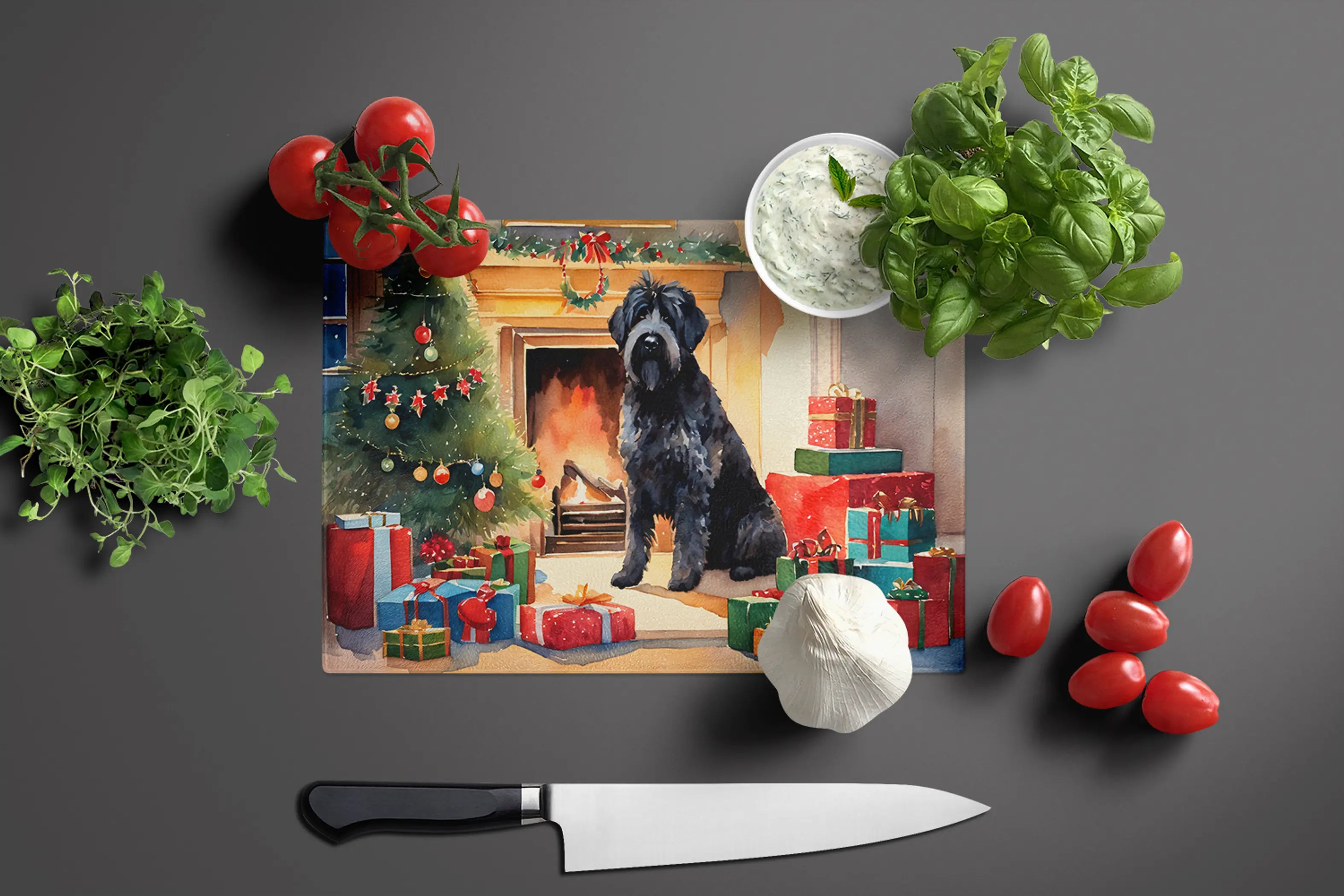 Bouvier des Flandres Cozy Christmas Glass Cutting Board Caroline's Treasures