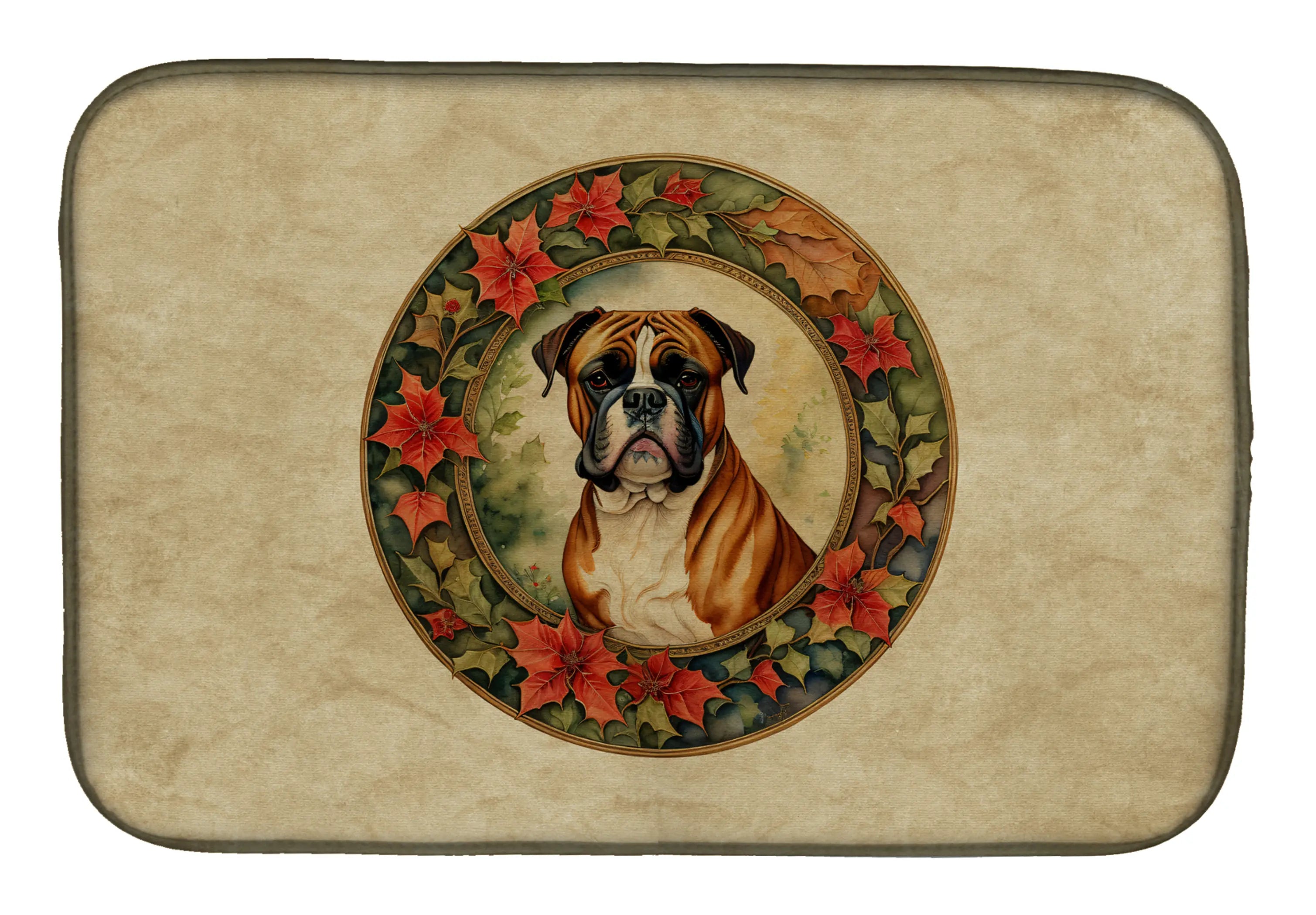 Boxer Christmas Flowers Dish Drying Mat Caroline's Treasures