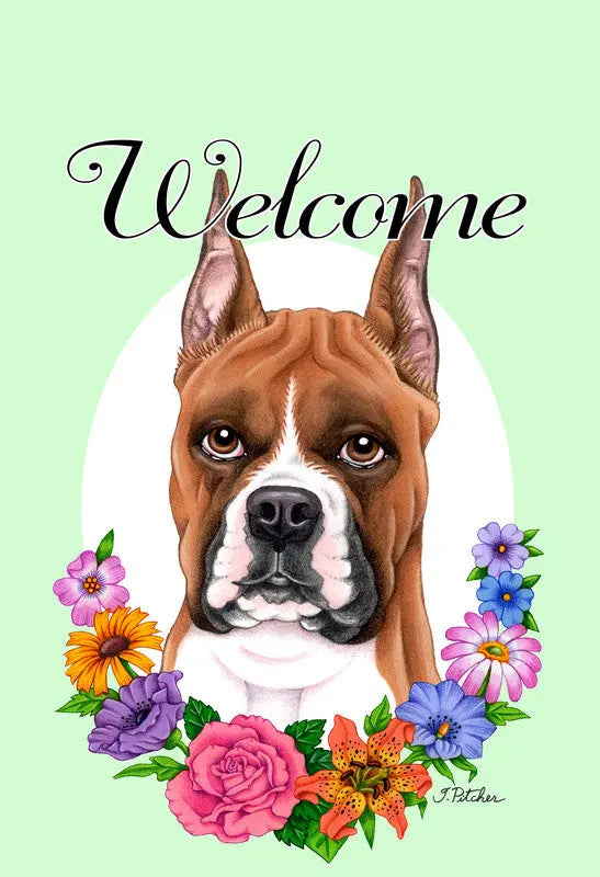 Boxer Fawn Cropped - Best of Breed Welcome Flowers Outdoor Flag Best of Breed