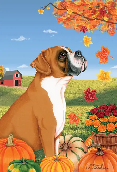 Boxer Fawn Uncropped - Tomoyo Pitcher Autumn Leaves Outdoor Flag Best of Breed
