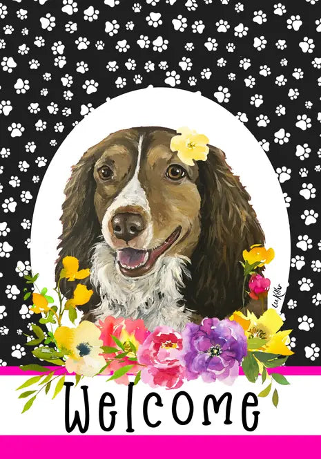 Brittany Spaniel - Hippie Hound Studios Paw Prints  House and Garden Flags Best of Breed