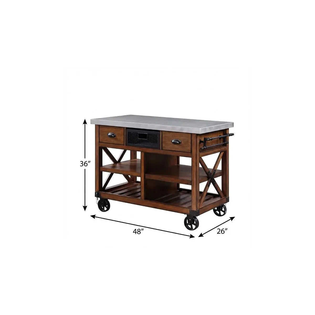 Brown And Silver 48" Rolling Kitchen Cart With Storage Homeroots Kitchen & Dining