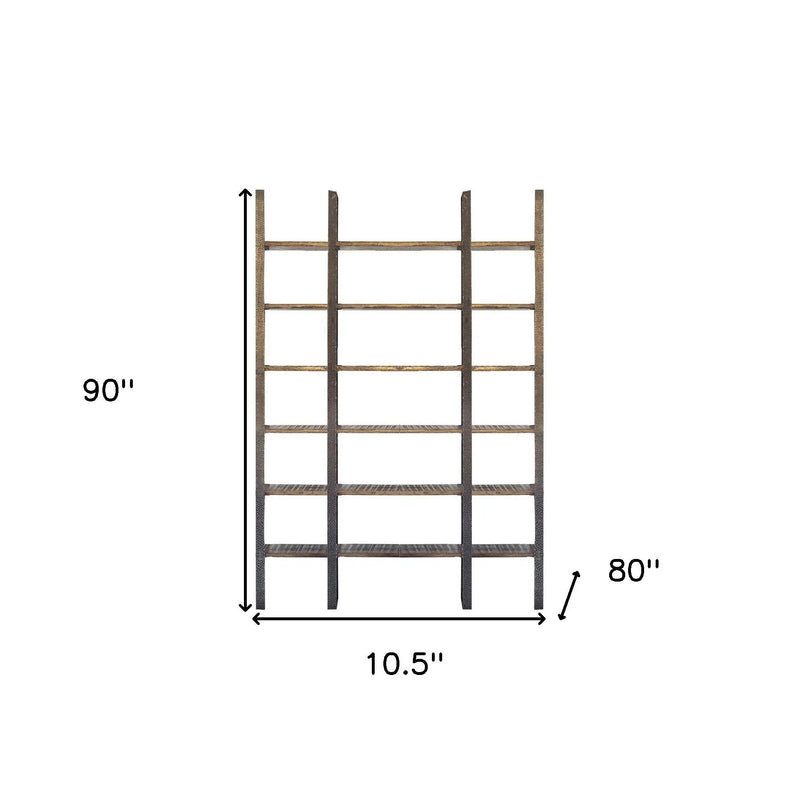 Brown Iron and Solid Wood Six Tier Bookcase - GreatEagleInc