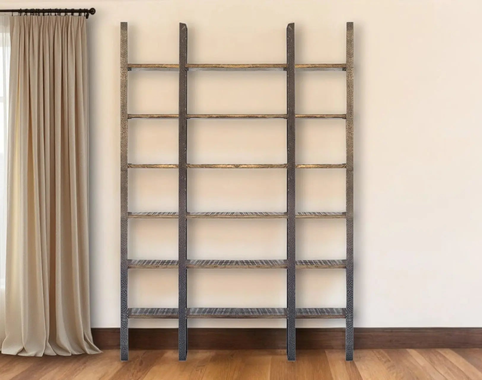 Brown Iron and Solid Wood Six Tier Bookcase - GreatEagleInc