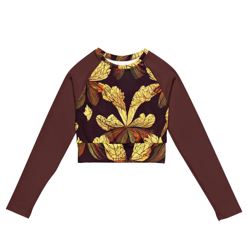 Brown Leafy Print Women's Long Sleeve Crop Top Adirelounge