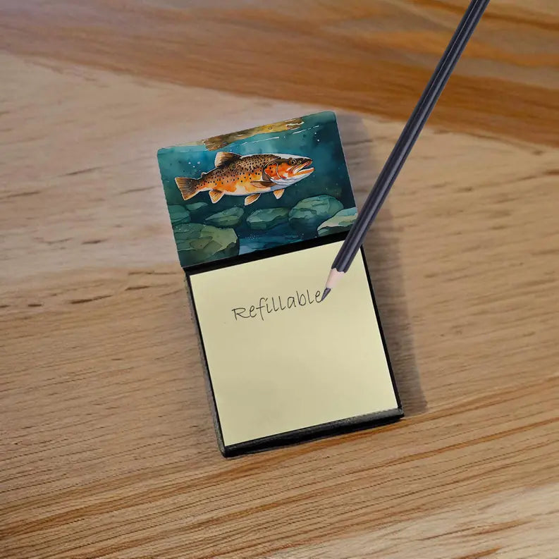 Refillable notepad with fish illustration on cover; yellow sticky notes; ideal for fishing enthusiasts.