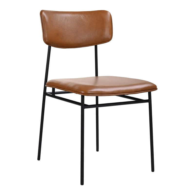 Brown leather dining chair with a simple black metal frame, modern design, perfect for stylish interiors.
