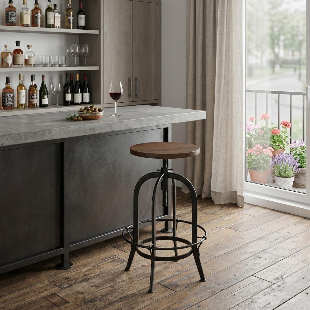 Brown and Black Solid Wood and Metal Backless Adjustable Height Swivel Bar Chair Homeroots Living Room