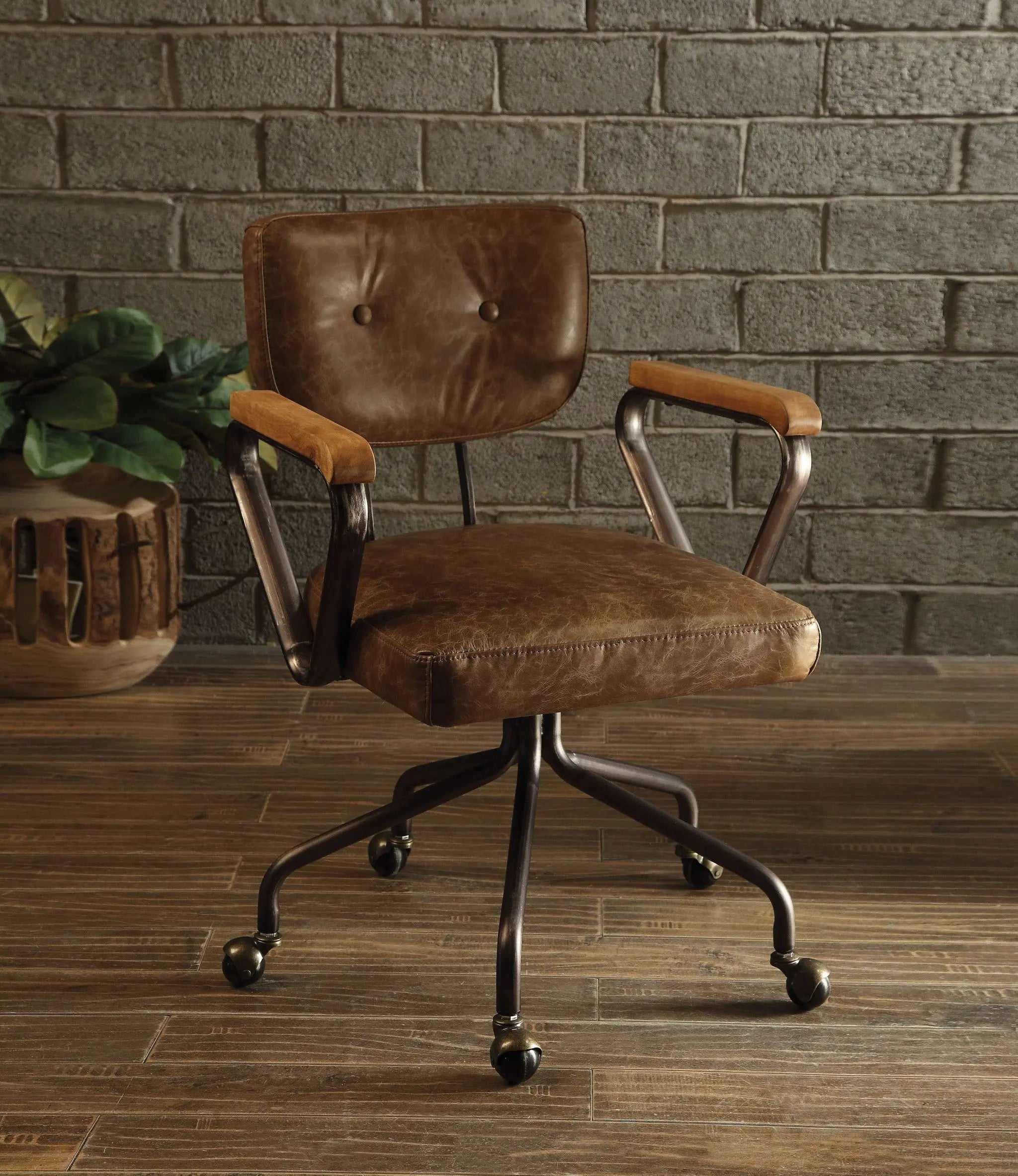 Brown and Black Swivel Faux Leather Rolling Office Chair Homeroots Office