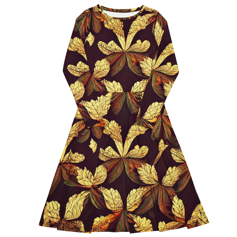Brown and Gold Leaf Print Long Sleeve Midi Dress Adirelounge