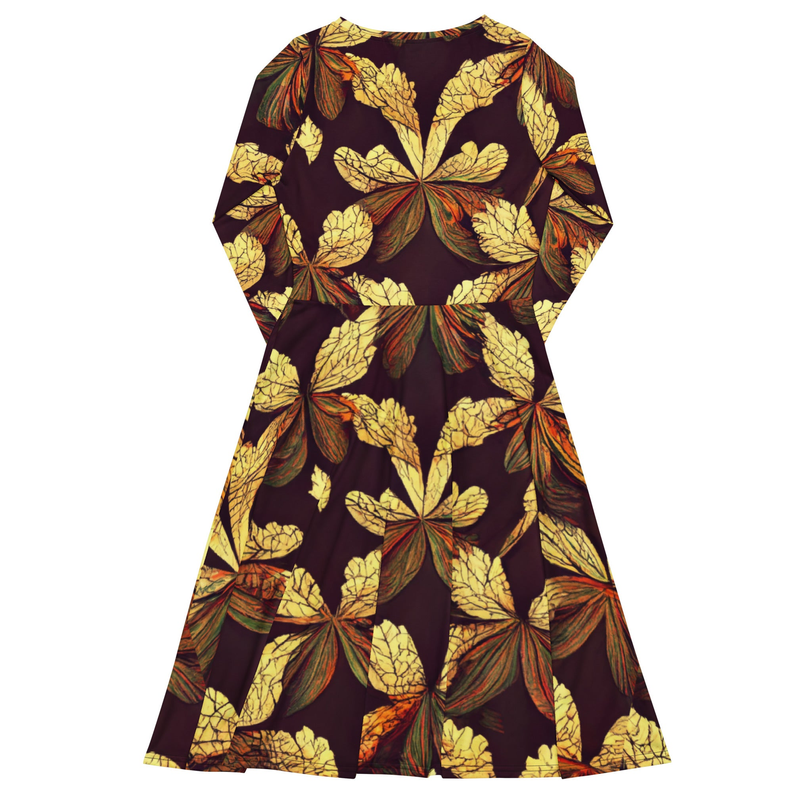 Brown and Gold Leaf Print Long Sleeve Midi Dress Adirelounge